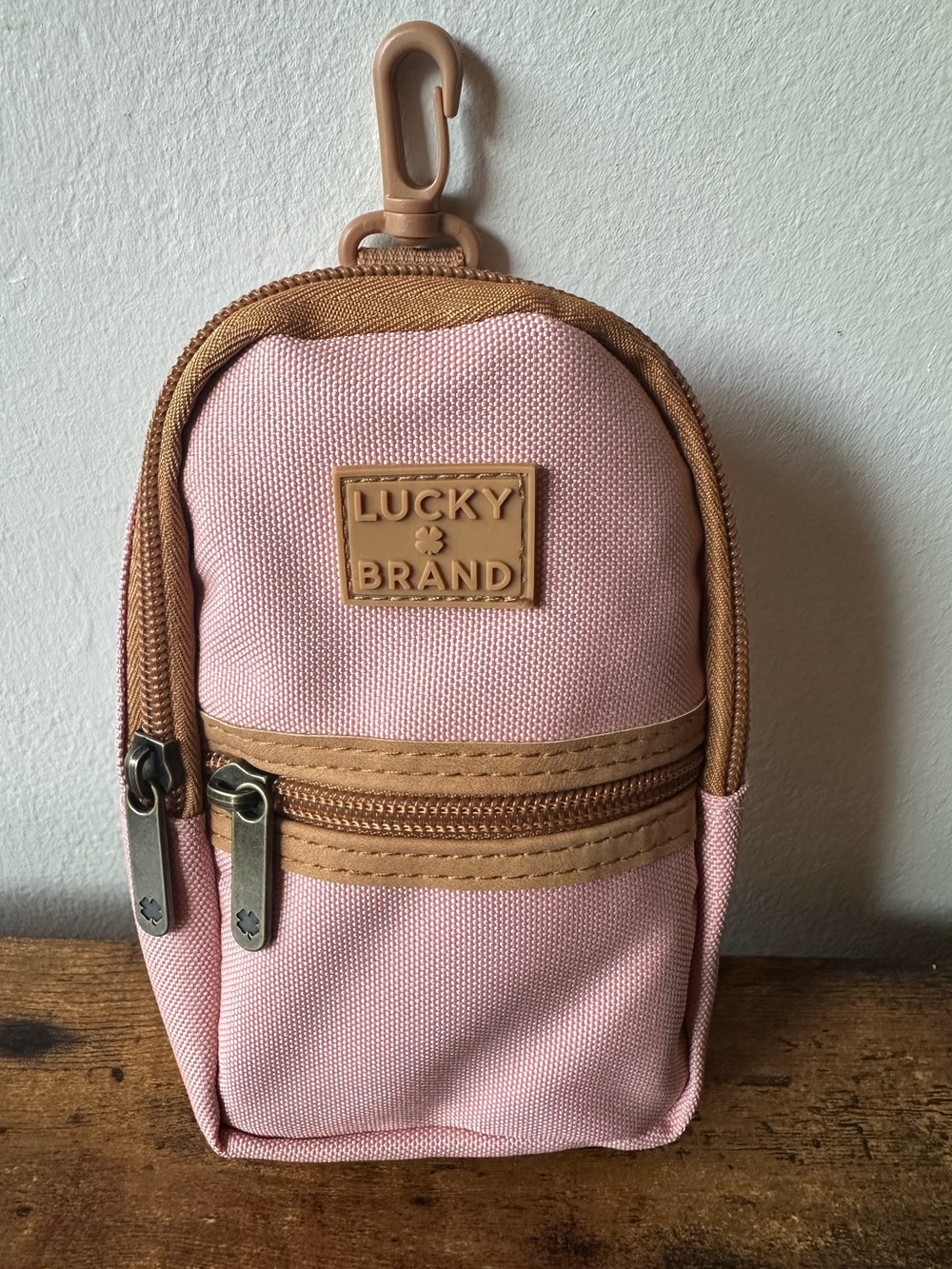 Lucky Brand Light Pink Mini Backpack Bag Charm Keychain Pouch with Tan Trim NWOT
